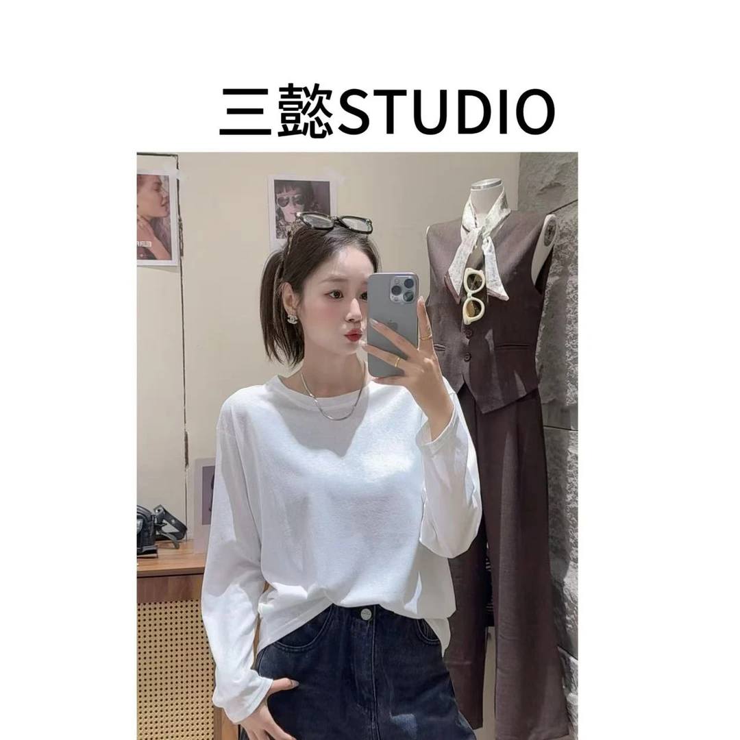 【三懿服饰】2025秋圆领百搭显瘦宽松设计感纯色打底T恤-6152