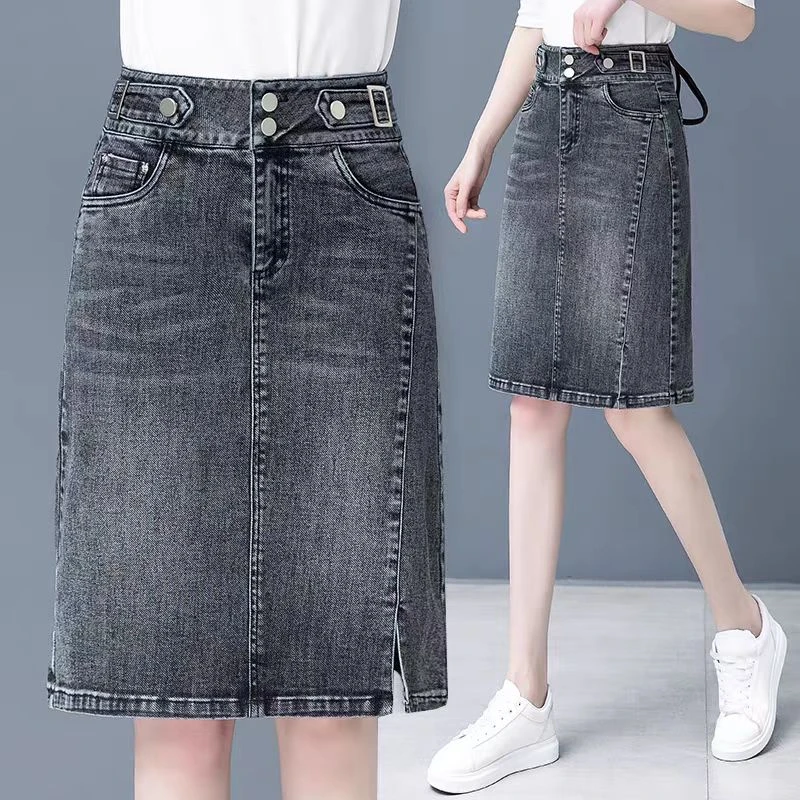 2303#牛仔半身裙女夏季薄款2025新款高腰显瘦弹力包臀a字裙中长裙