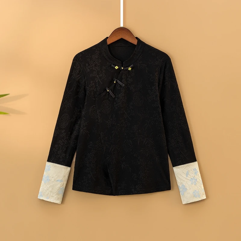 【简柔】2025新款春季国风打底上衣新中式国风立领提花长袖T恤衫女