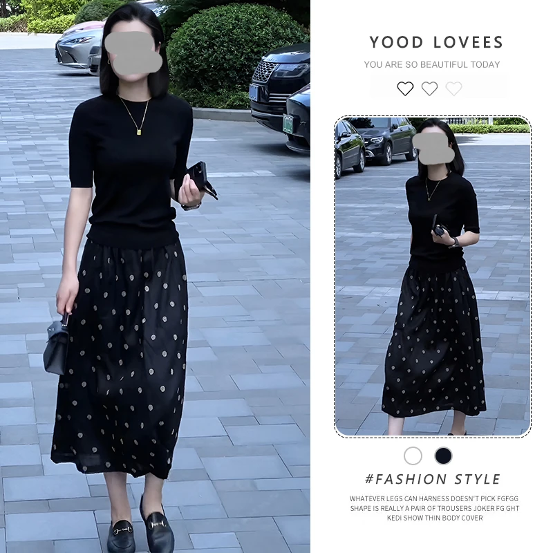 2025夏季新款法式复古气质打底衫T恤设计感波点半裙显瘦两件套女