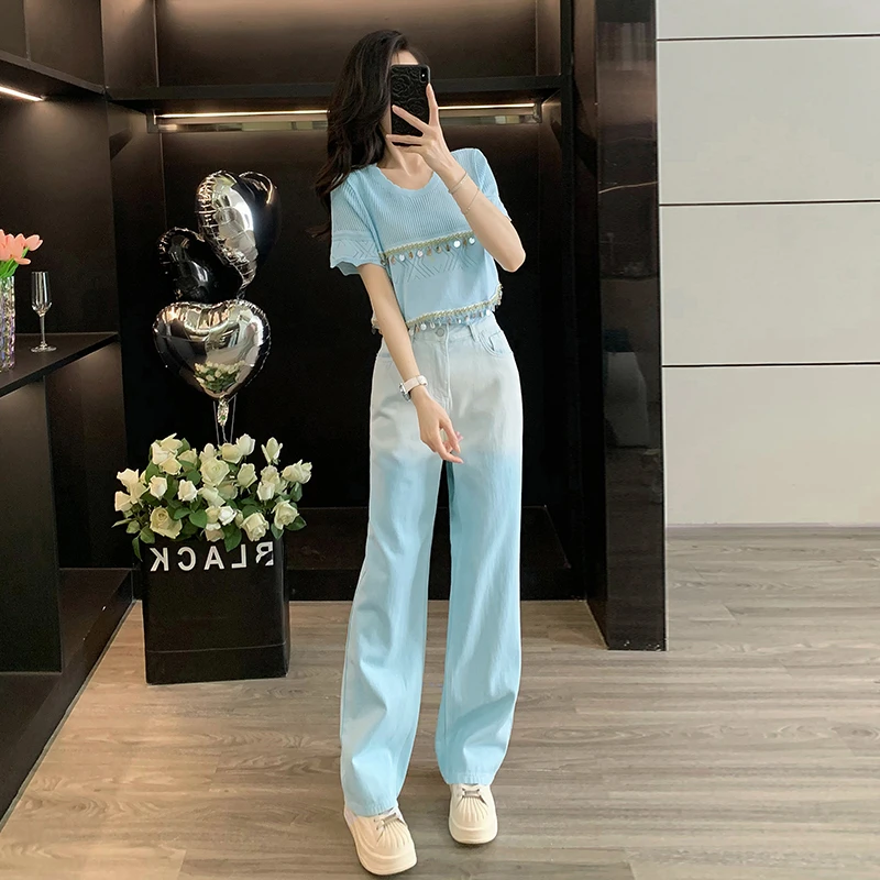 盐系轻熟休闲时尚套装女夏季款透气针织短袖上衣阔腿牛仔裤两件套