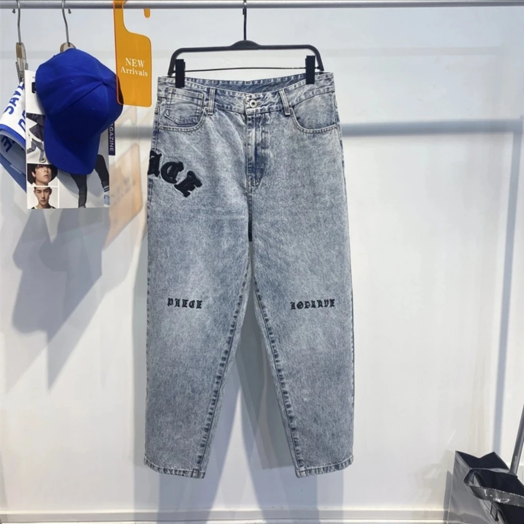 潮牌刺绣字母宽松锥形牛仔裤水洗牛仔潮流时尚男女同款长裤