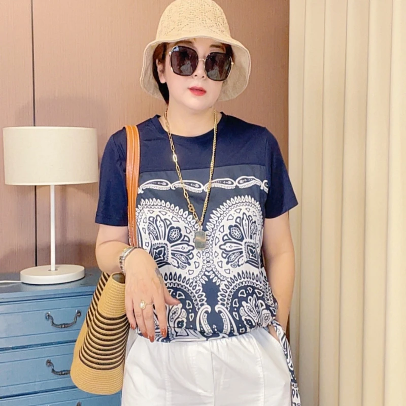 葭丽时尚下摆绑带拼接缎面T恤大码显瘦休闲夏季宽松圆领韩版潮流