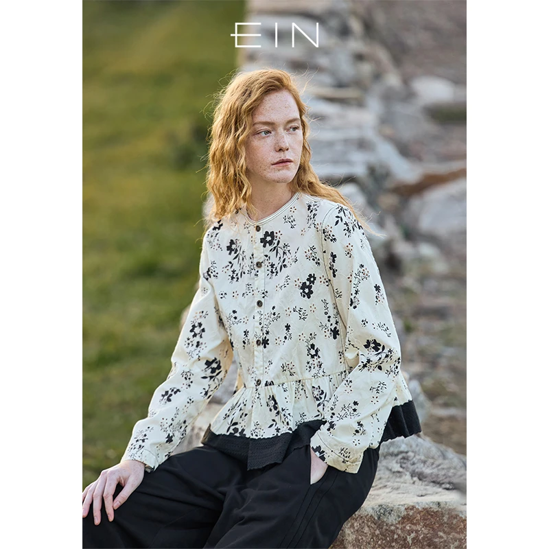 EIN言新中式对襟系带印花气质撞色绣花花边拼接长袖衬衫WB1301C12