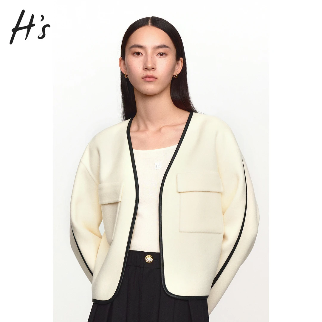 【反季"放"价】HS米白羊毛双面呢外套冬季女装商场同款V领气质上衣