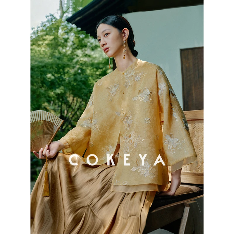 COKEYA/东方美人 梨花落~6A级真丝欧根缎盘金刺绣新中式马甲上衣