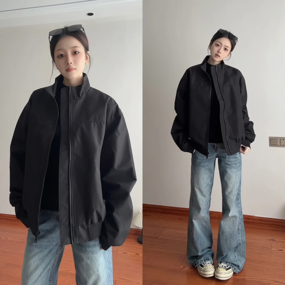 潮牌黑色夹克外套男cleanfit秋季短款痞帅美式拼接工装立领棒球服