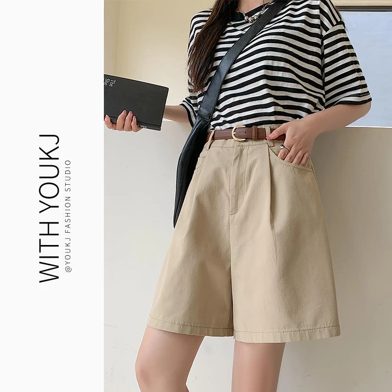 FAVMARTHA卡其色短裤女夏季高腰显瘦休闲西装中裤小个子a字阔腿工