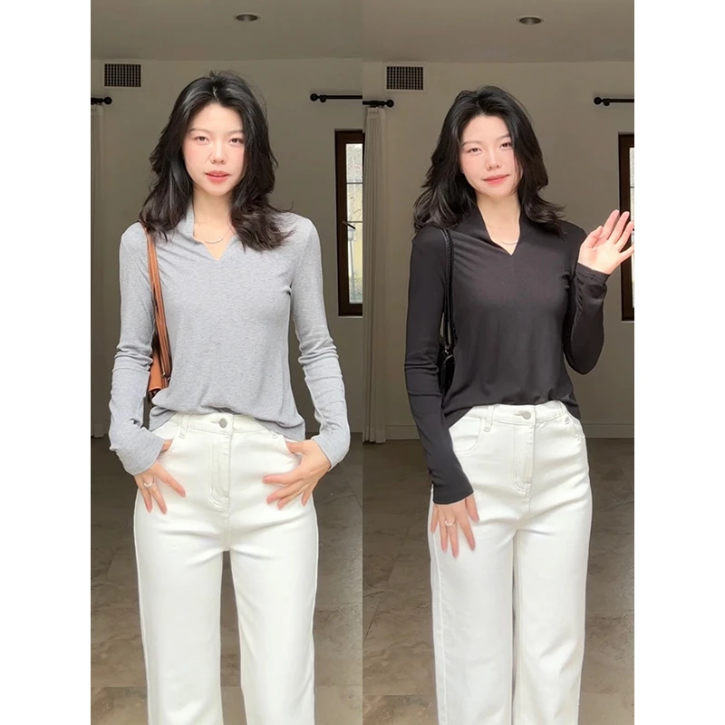 郭九九呢 羊毛简约V领舒适百搭弹力修身显瘦长袖T恤 G925Z02701