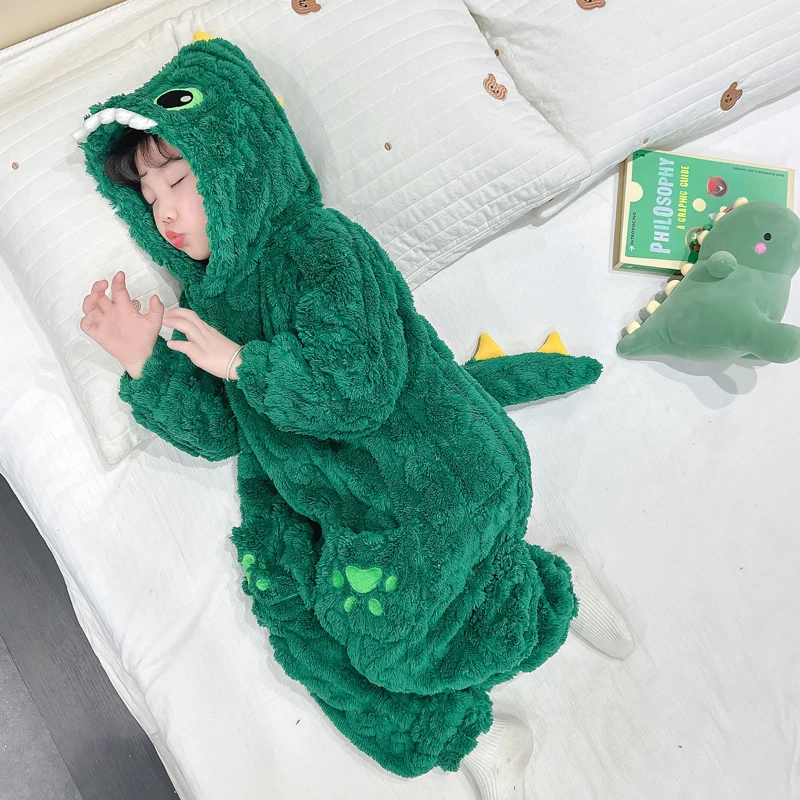儿童睡衣2025新款秋冬款加绒加厚恐龙睡袋珊瑚绒宝宝哈衣防踢被