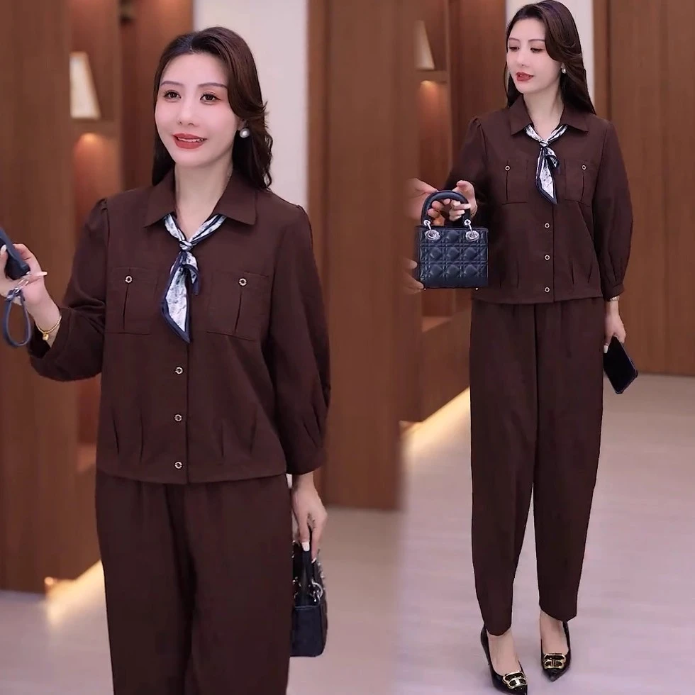 时尚套装女2025秋季新款妈妈装小个子翻领长袖开衫阔腿裤两件套潮