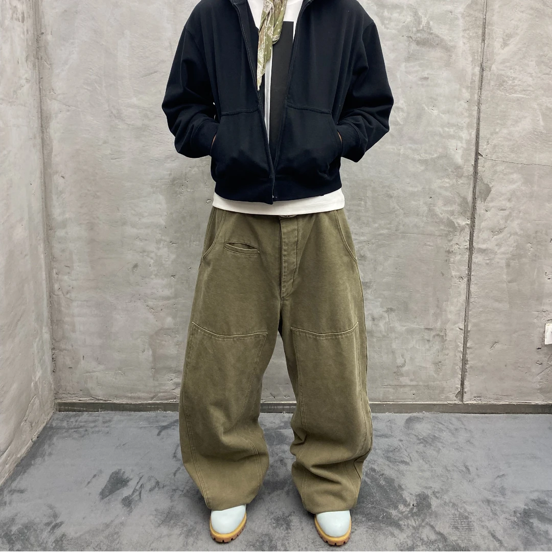 RUSURE 水洗做旧弯刀军绿色工装宽松A字阔腿直筒垂感拖地长裤