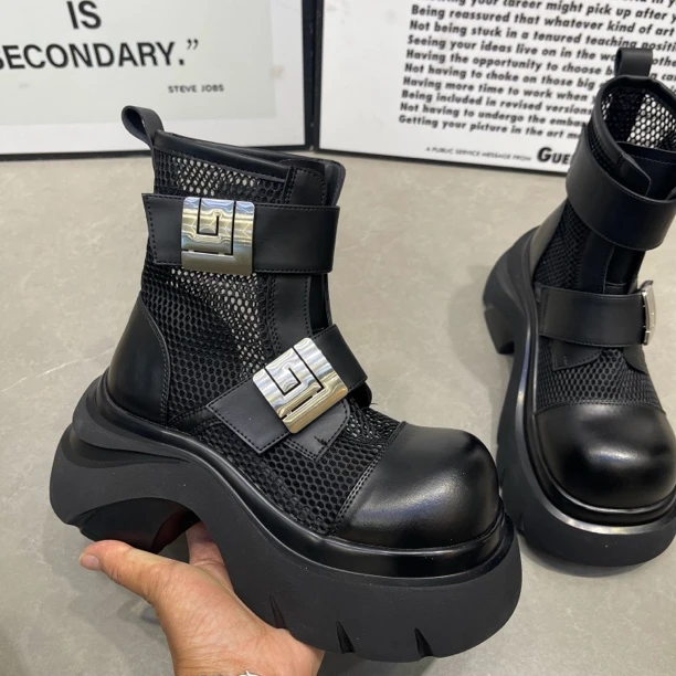 【8厘米】夏镂空休闲风超高跟女松糕底短靴高帮透气百搭靴子