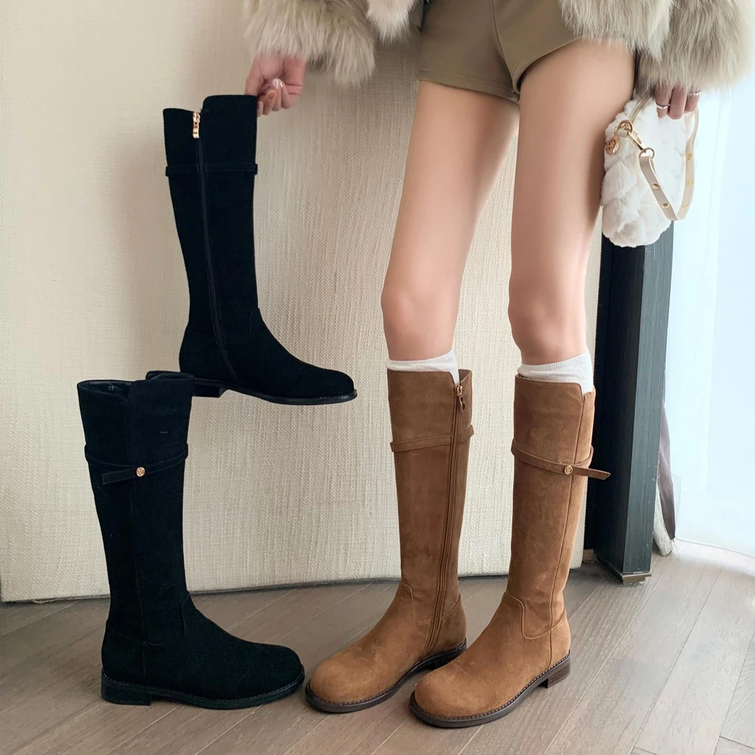 大筒围显瘦真皮平底高筒靴2025新款休闲圆头牛皮骑士靴秋冬长靴女