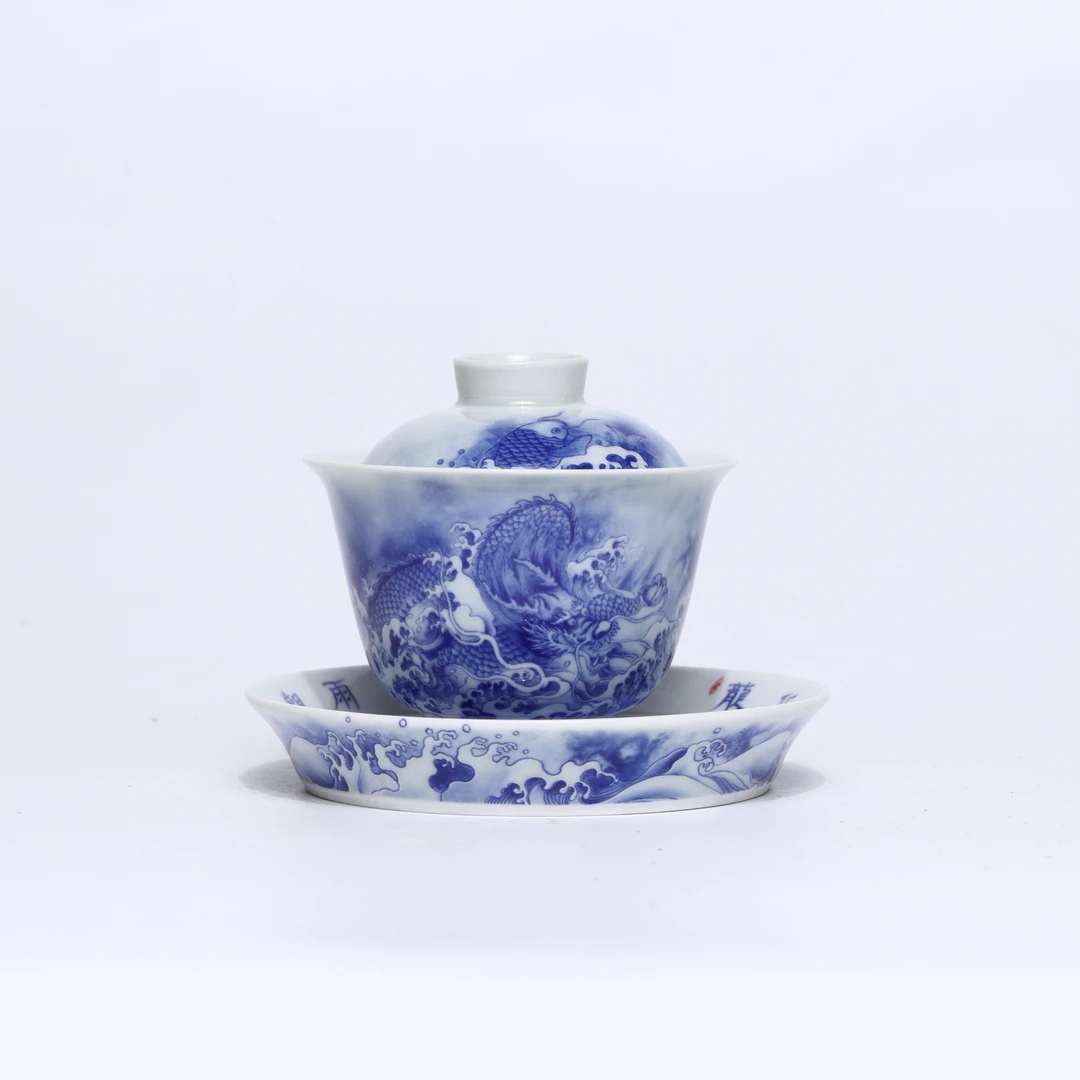 【非遗茶空间】景德镇产 青花鱼化龙圆融盖碗 中式茶具茶器