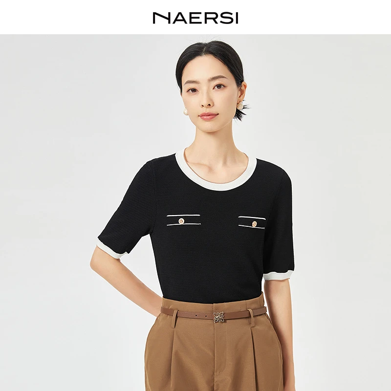 NAERSI/娜尔思经典圆领气质短袖针织衫女新款通勤上衣NZ03351W0