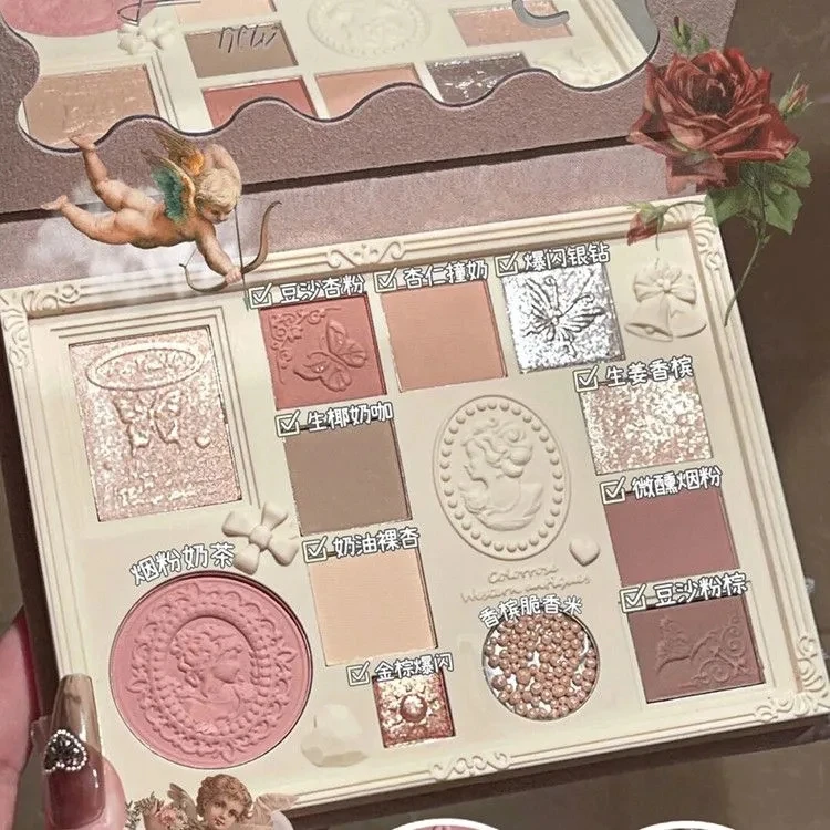 12色浮雕蕾丝眼影盘复古风格高光哑光多功能平价眼影盘学生彩妆盘