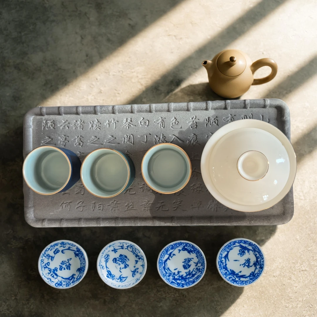 非遗吸水干泡茶台简约青花瓷托盘家用古朴素雅陋室铭34*15*2复古