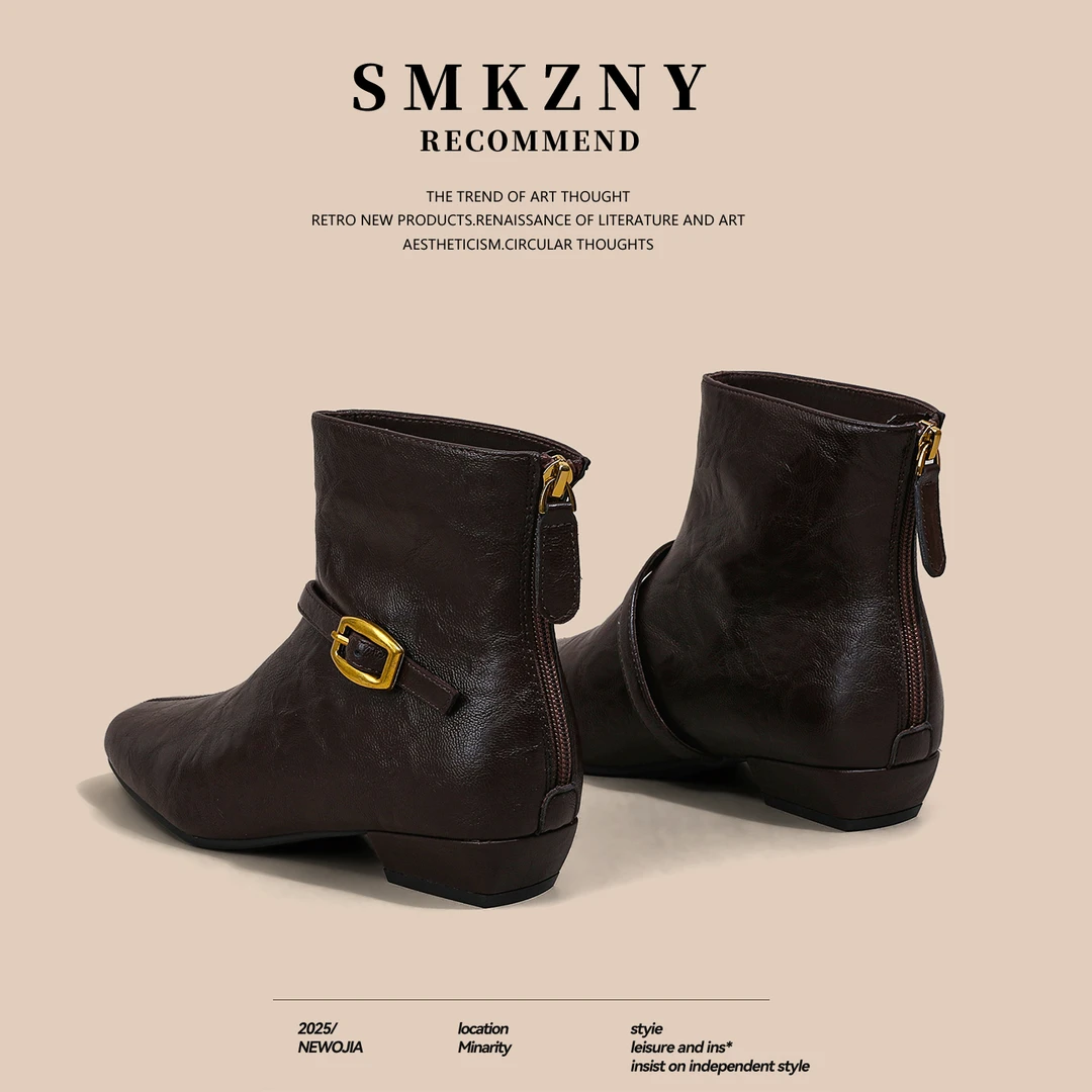 法式复古方头高跟短靴女秋季女鞋百搭时尚粗跟马丁靴女短靴时装靴