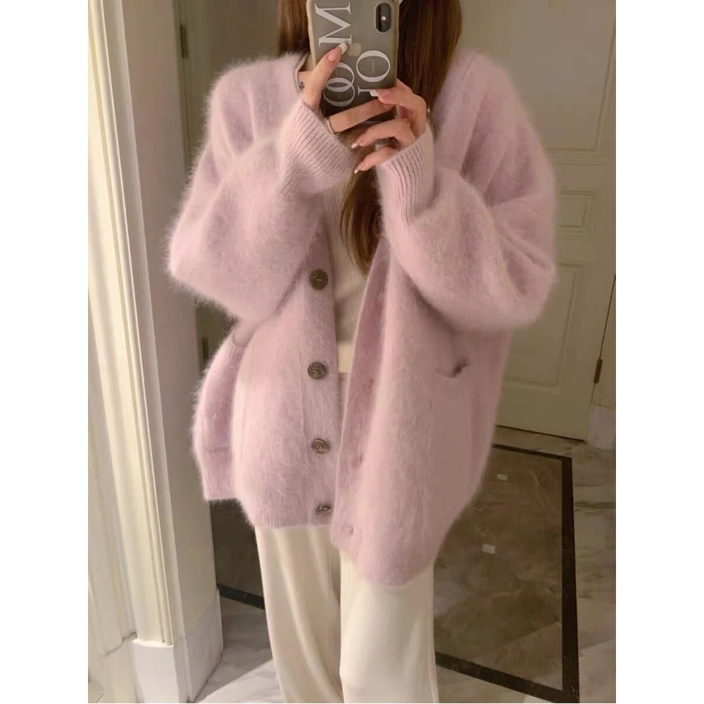 温柔系穿搭女设计感小众韩版洋气减龄毛衣开衫粉色v领针织上衣