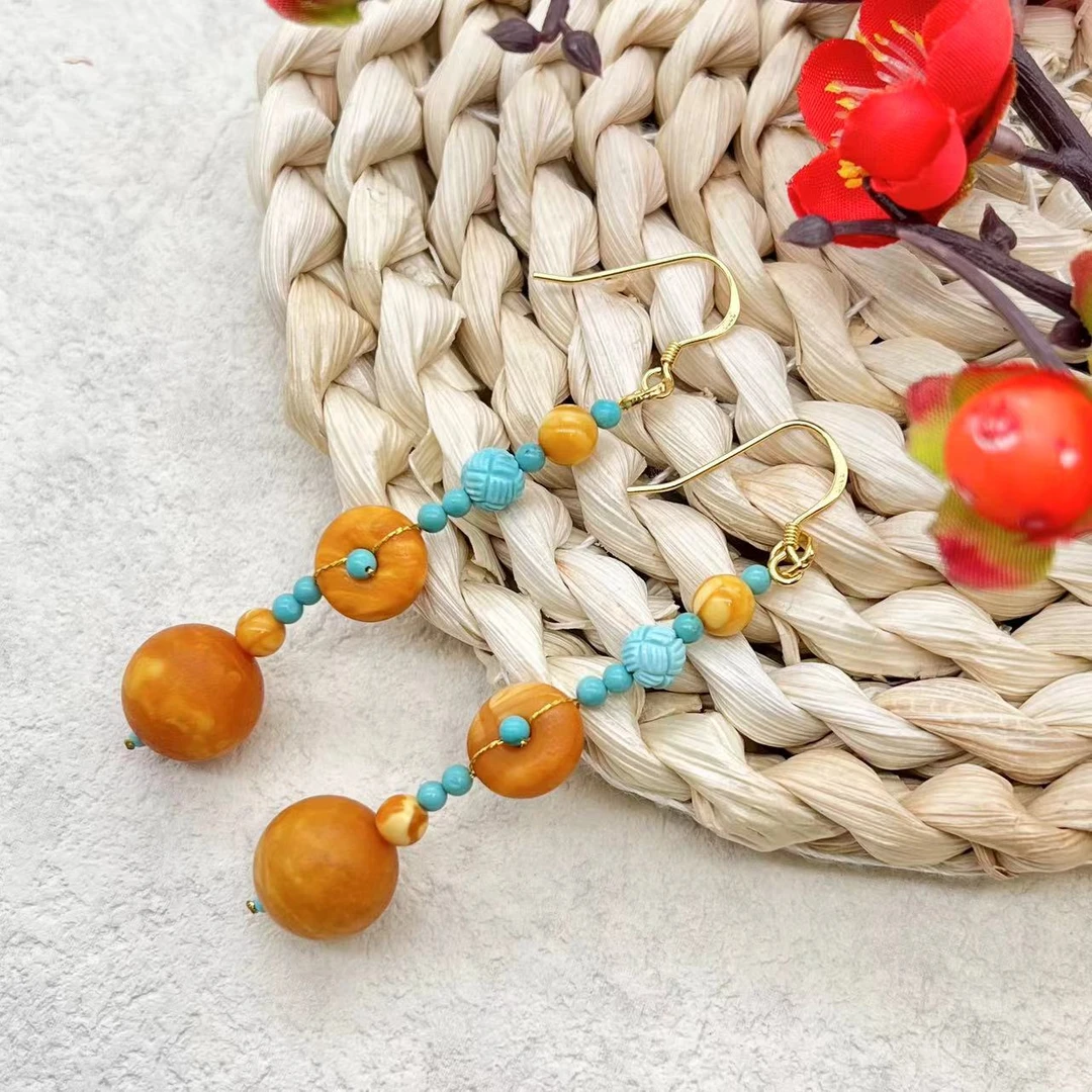 【润家原创】天然琥珀13mm橘皮花蜡DIY设计款时尚耳坠#5619