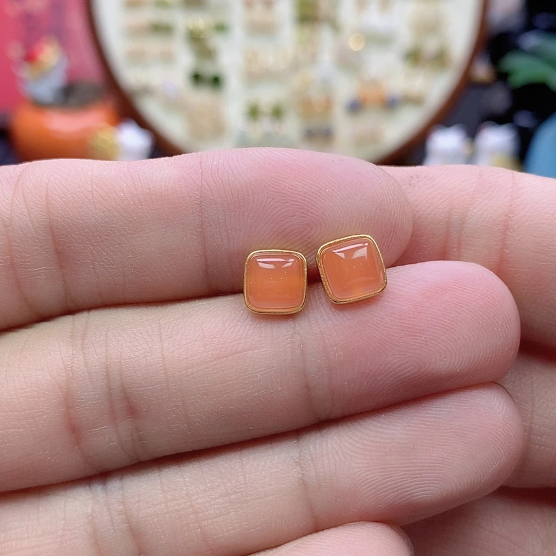 南红玛瑙银S925镶嵌耳饰