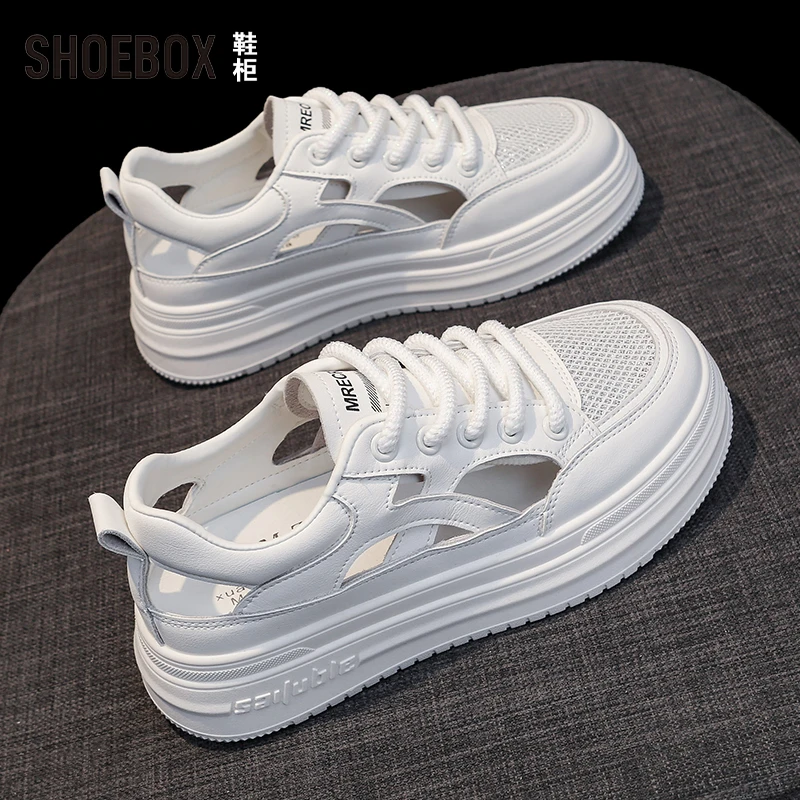SHOEBOX鞋柜网面透气包头凉鞋女2025夏季新款外穿镂空运动小白鞋