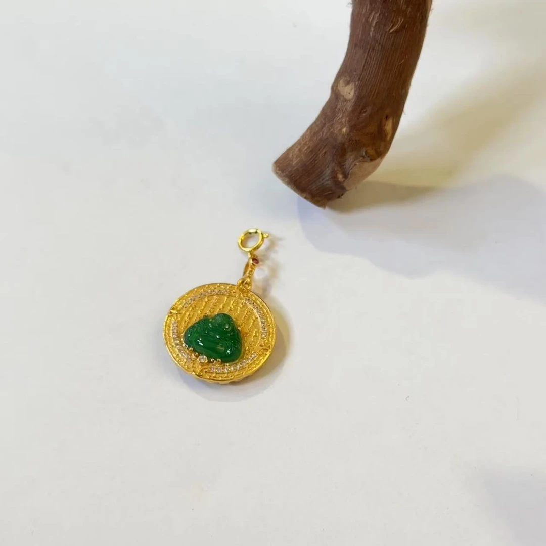 【景润】天然绿底翡翠佛公雕刻925银圆盘吊坠（不配链）多样性发其一