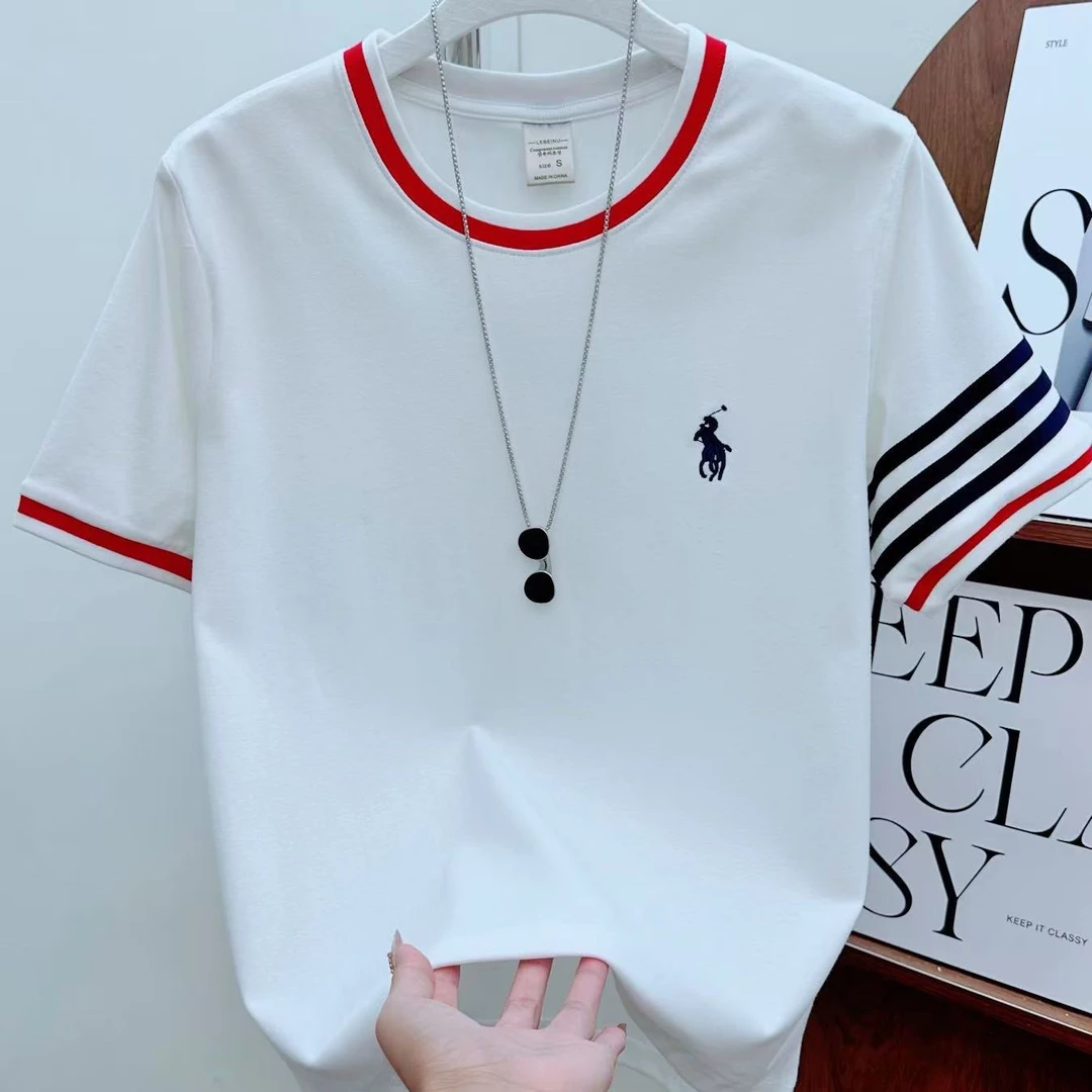 韩系潮牌【撞色红蓝杠·条纹】夏季上衣潮条小众设计感正肩t恤25026