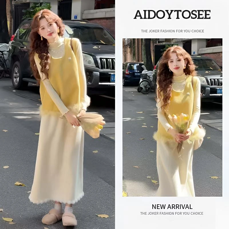 秋冬超火一整套女装2025新款韩版时尚无袖马甲搭显瘦连衣裙两件套