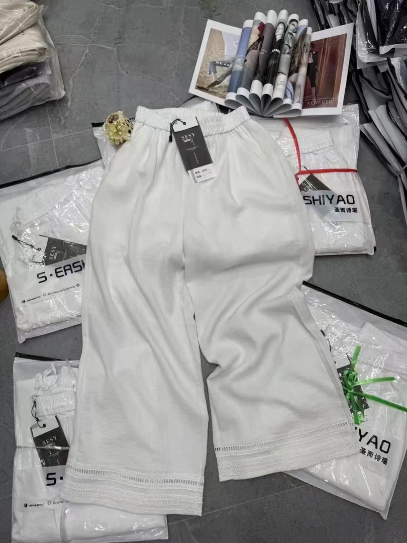 2025夏季薄款白色蕾丝拼接宽松高腰直筒阔腿2526