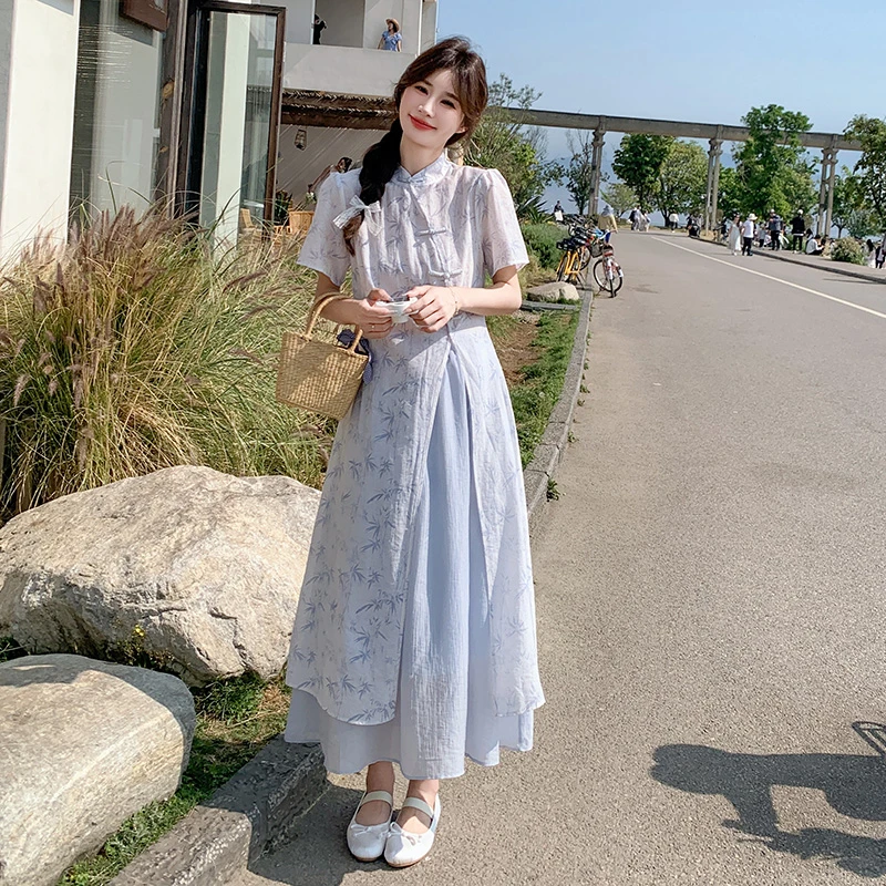 国风新中式盘扣印花连衣裙海边拍照套装女夏季新款吊带裙两件套