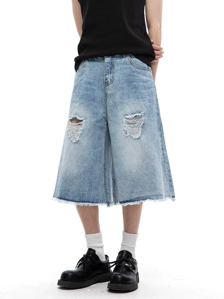 美式潮流水洗破洞毛边牛仔七分裤夏季宽松休闲情侣复古