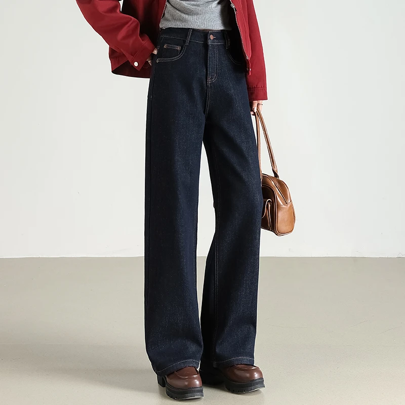 薄绒牛仔裤高级感阔腿裤直筒女裤子2025春季新款梨型身材宽松长裤