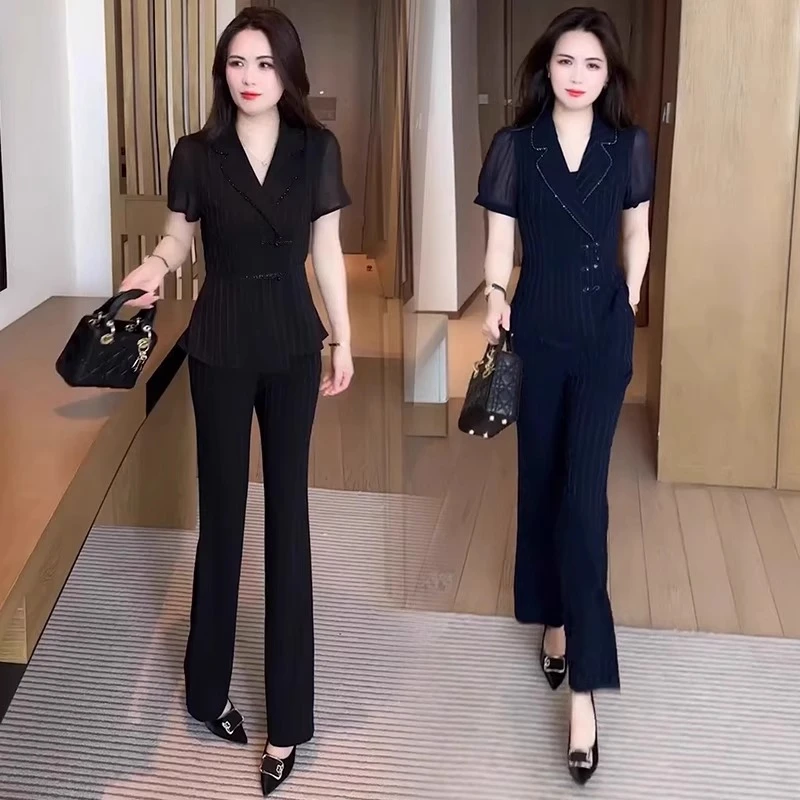 名媛气质时尚套装女夏季新款洋气减龄收腰短袖上衣阔腿裤两件套潮
