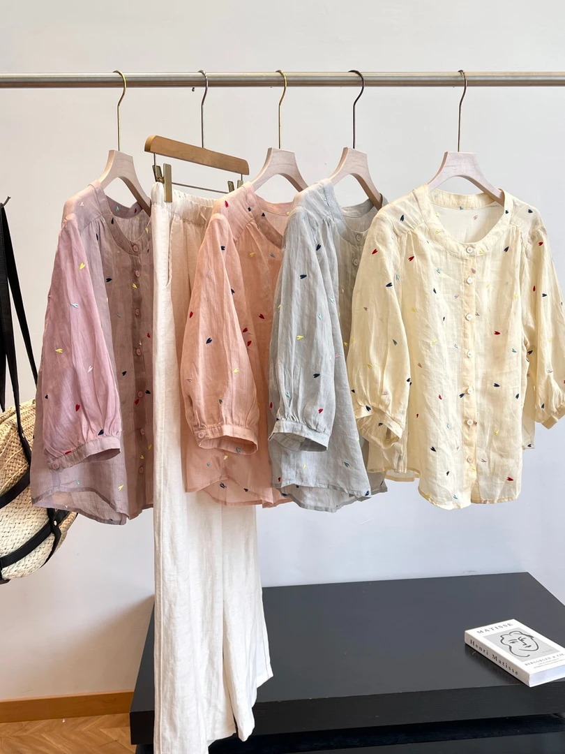 特！全苎麻~重工刺绣爱心！凉爽轻盈 七分袖衬衫 H6406 女装 23-88