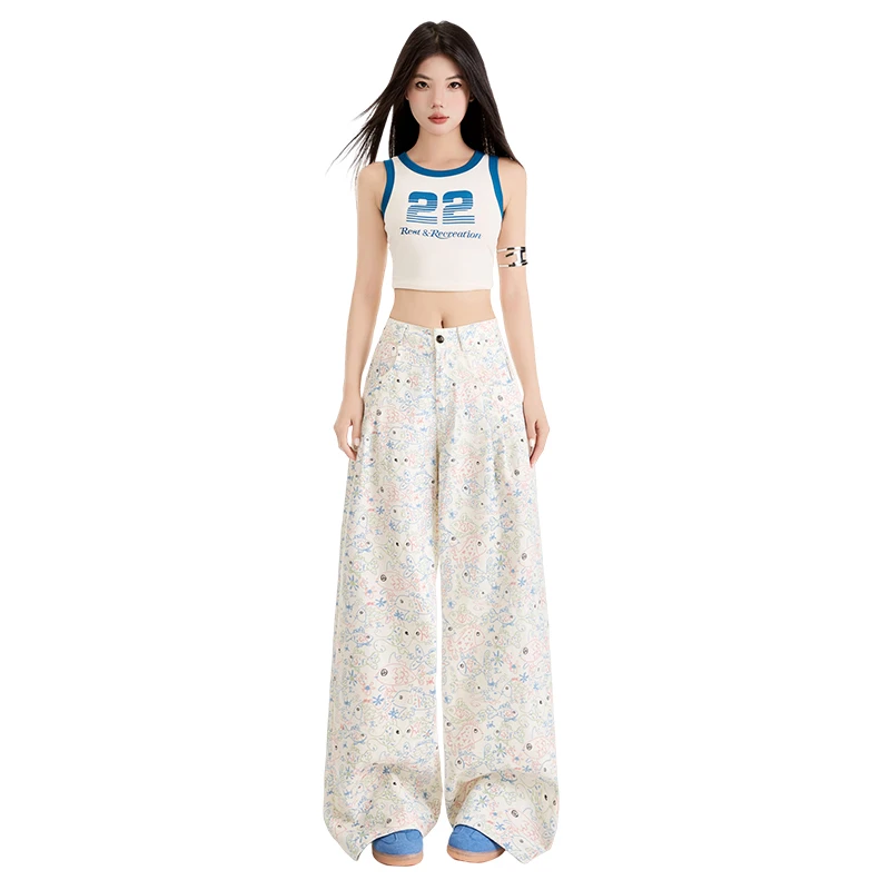 BRN美式白色涂鸦印花宽松直筒牛仔裤女春季新款高腰百搭阔腿裤