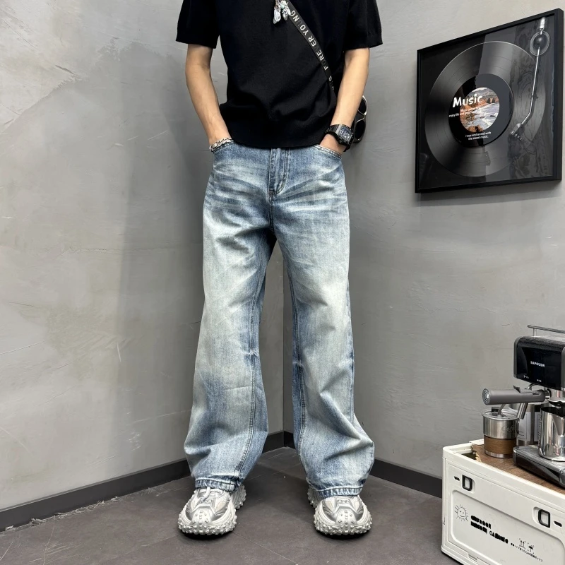 2025秋冬新款男士直筒宽松纯色蓝色水洗牛秋冬弹力蓝色直筒牛仔裤