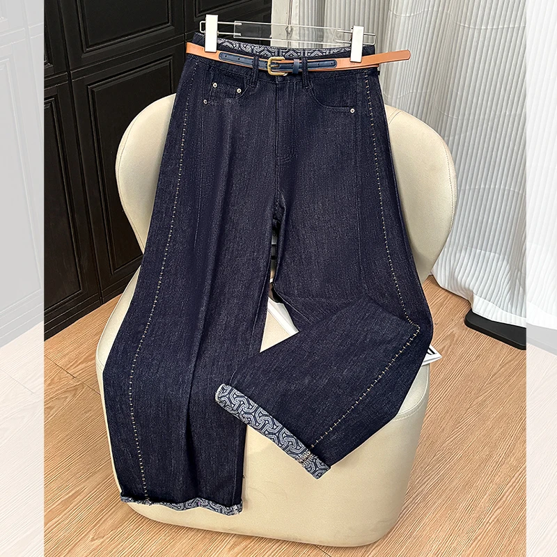 深蓝色卷边弯刀牛仔裤女秋季2025新款高腰修身气球裤九分裤配皮带