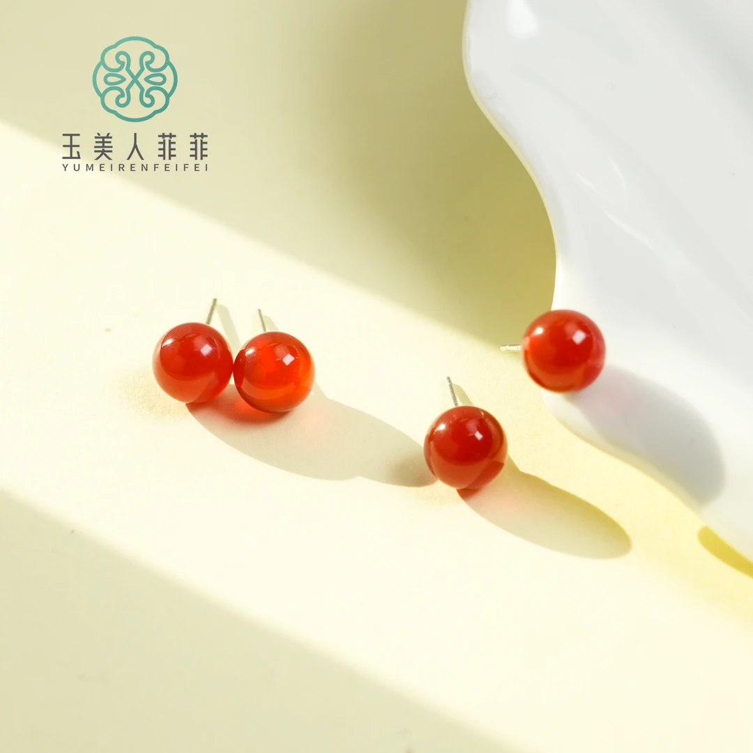 石惑珠宝*红玛瑙圆珠耳钉约8mm~多样性发一