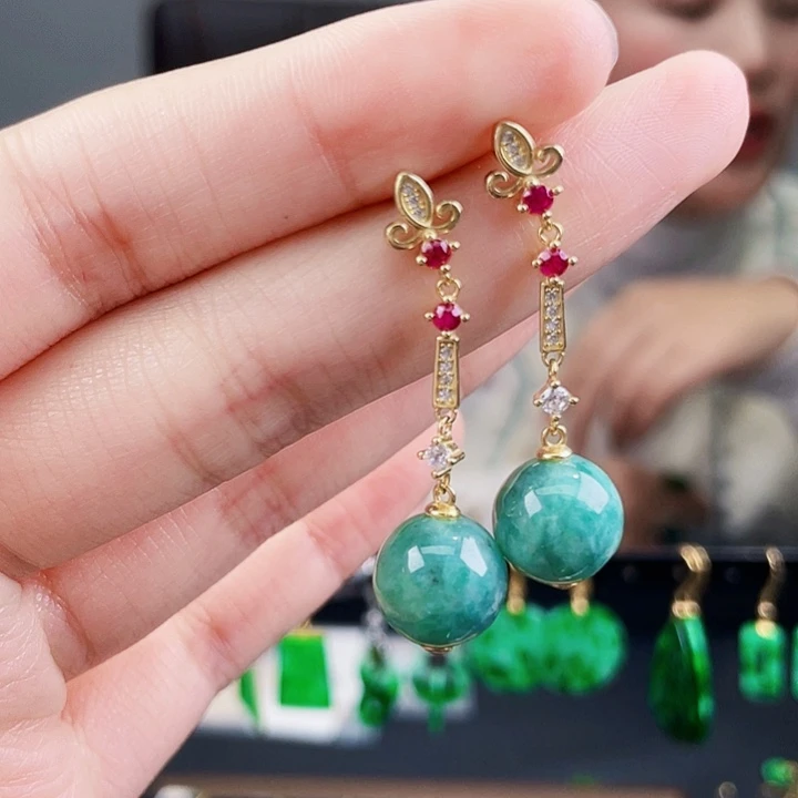 翡翠耳饰银S925镶嵌饰品