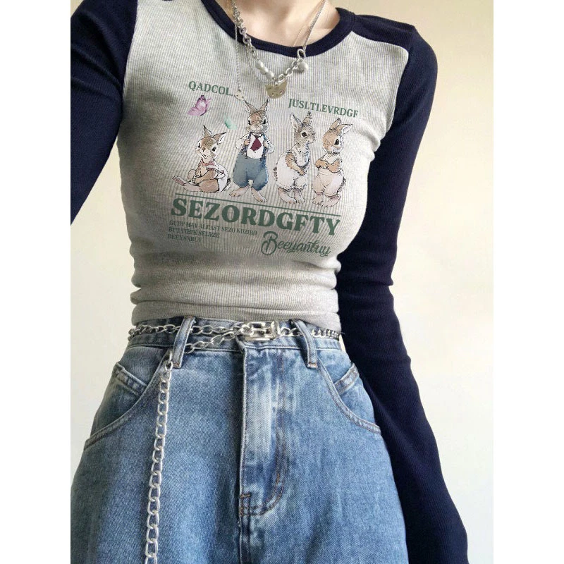 韩版小众兔子印花长袖t恤女春秋季纯欲甜辣妹设计感修身短款上衣