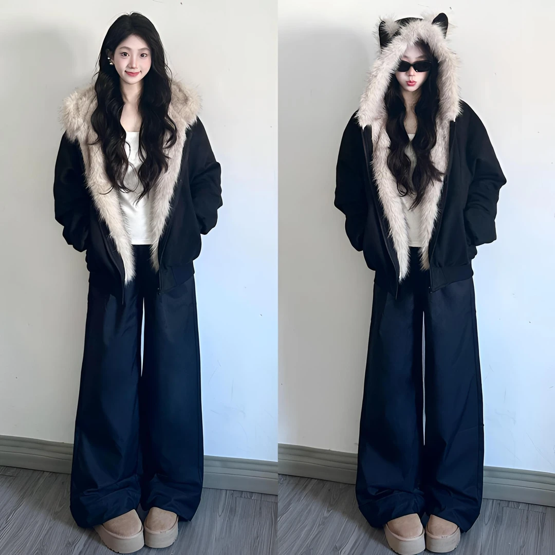 座山雕毛茸茸毛领连帽棉服外套女冬季新款加厚保暖夹克加绒棉袄