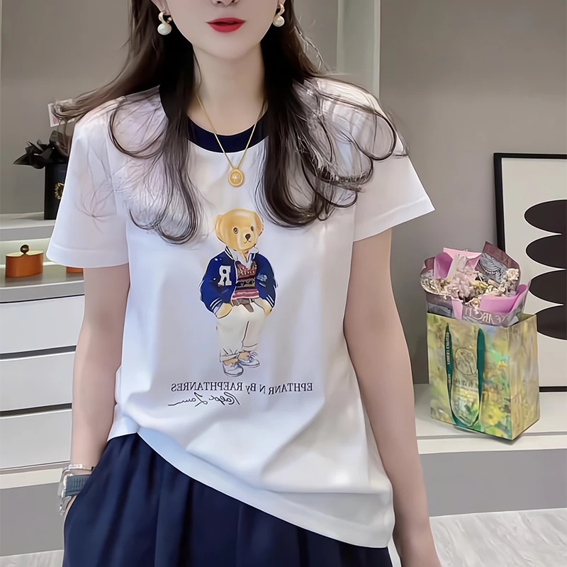 欧货时尚卡通小熊印花圆领短袖T恤女减龄夏季新款休闲雪花棉上衣