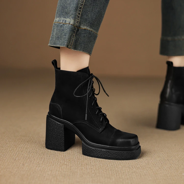 8cm 英伦风百搭粗跟马丁靴秋冬法式气质通勤简约风时尚小个子短靴