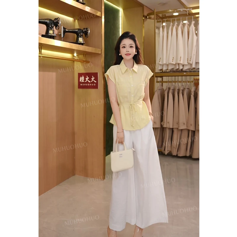 【睦火火】【素锦逸风】高级气质收腰显瘦衬衫+阔腿裤 两件套 25066#