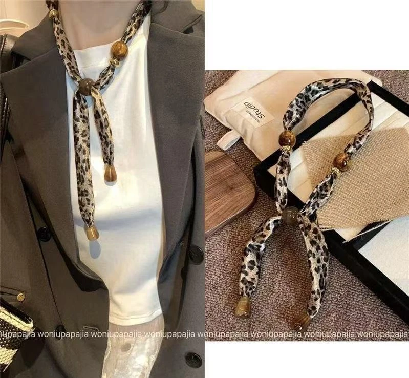 非金属布艺项链 秋冬复古豹纹串珠丝巾毛衣链颈链女士秋冬时尚