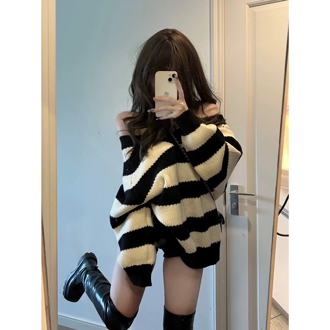 2025新款秋冬韩系辣妹慵懒风条纹黑白两面穿毛衣针织衫温柔外套女