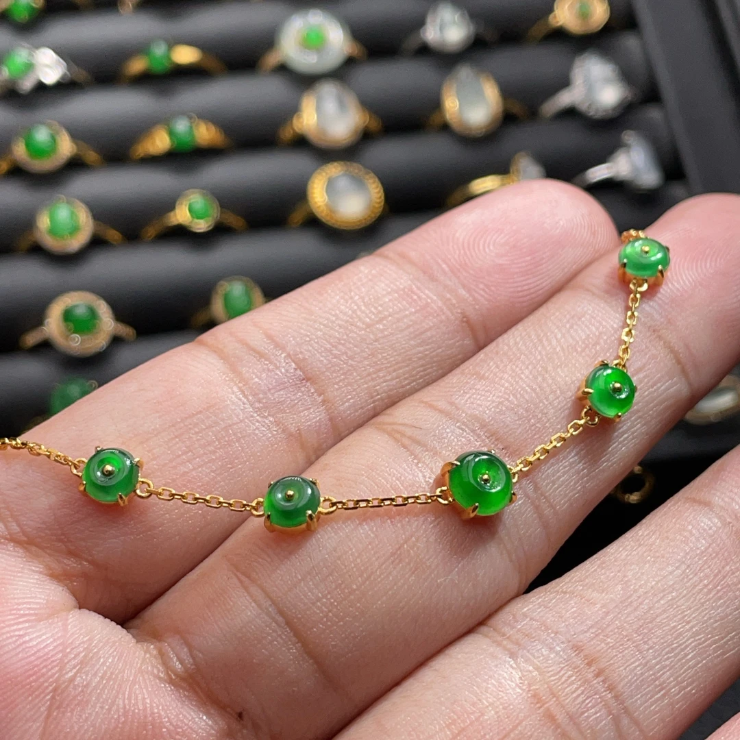 18K金天然翡翠A货-2780平安扣手链K黄满绿镶嵌珠宝玉石甜甜圈阳绿