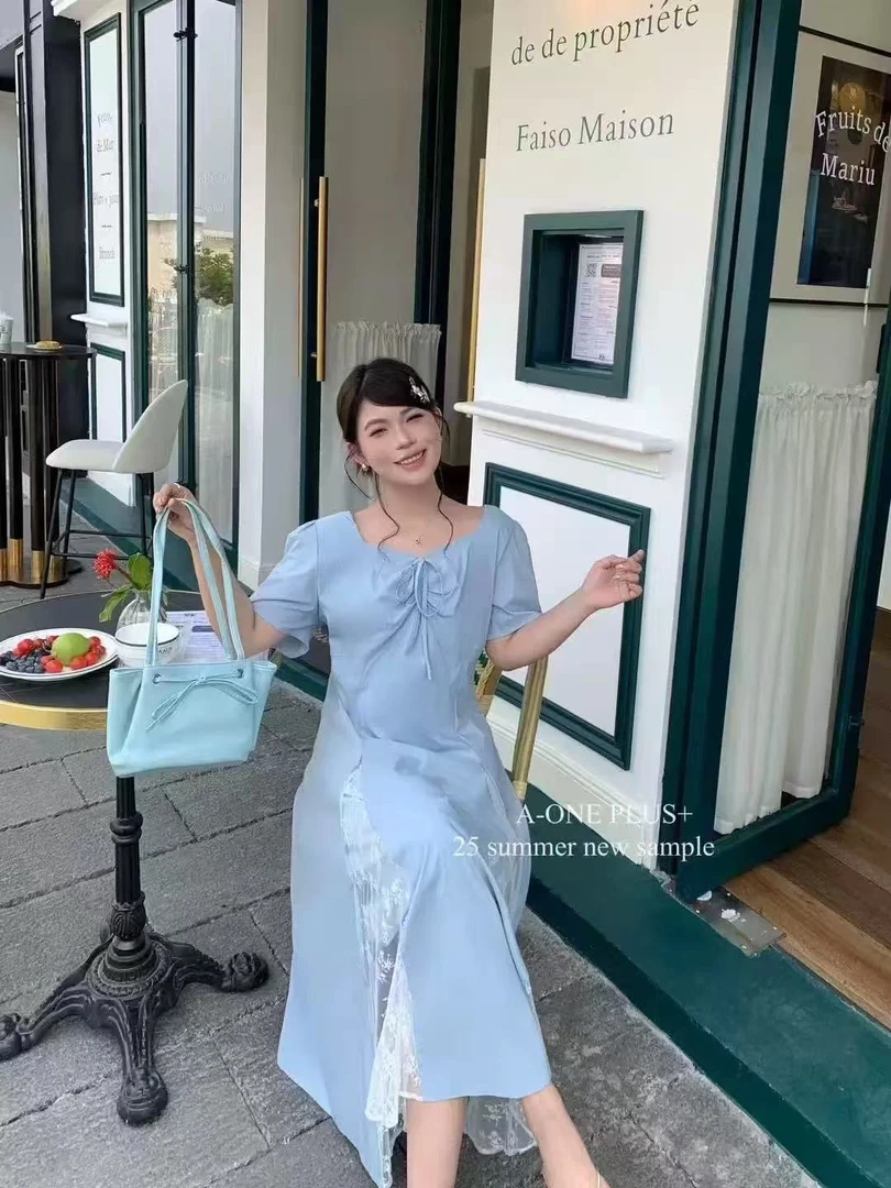 常规圆领小众夏季V领收腰连衣裙设计感短袖法式吊带